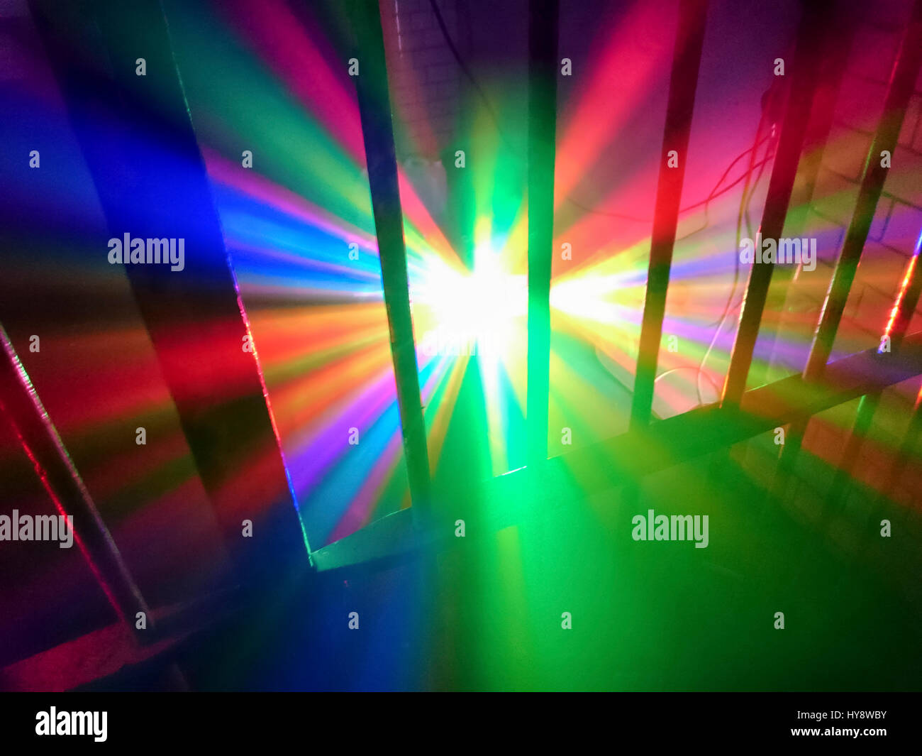 Disco lighting in a prison cell at “Fantazia meets Raindance” Rave held in a disused Crown Court building in central Bristol on 1 April 2017. Stock Photo