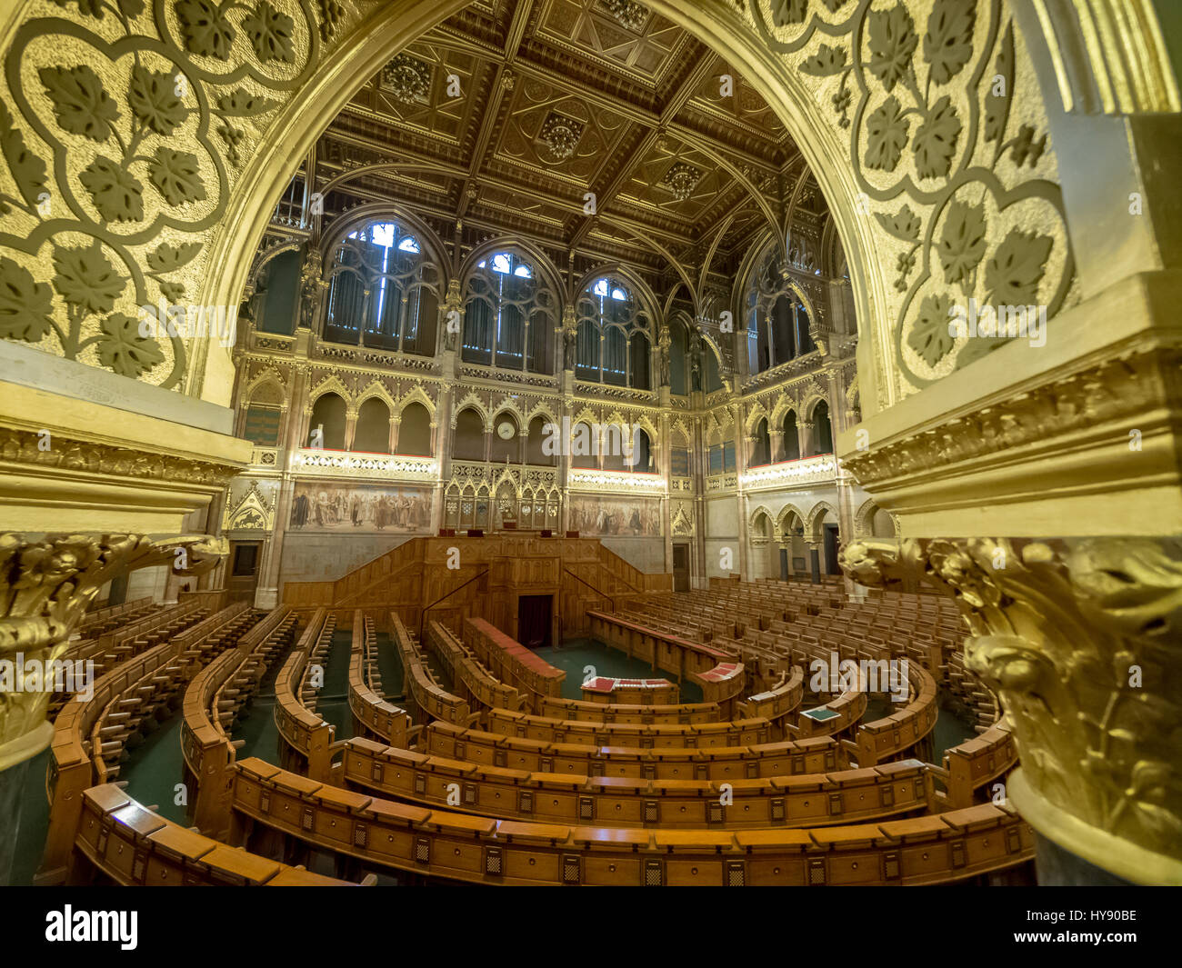 Budapest, Hungary - March 24 2017.  Hungarian Parliament Building's interiors.Assembly hall of the House of Magnates Stock Photo