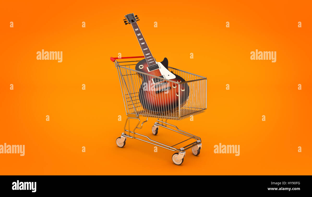 Stack pile collage of various musical instruments in shopping cart