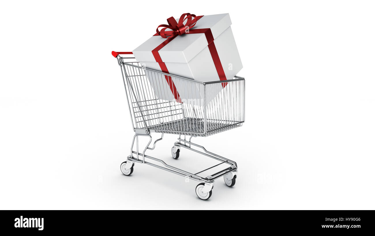 Shopping cart and gift box. Gift box concept. 3D rendering Stock Photo ...