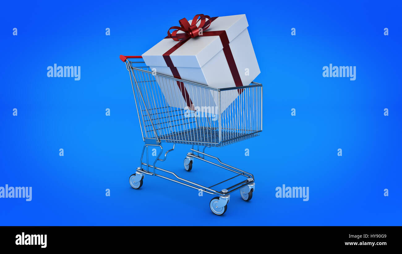Shopping cart and gift box. Gift box concept. 3D rendering Stock Photo ...