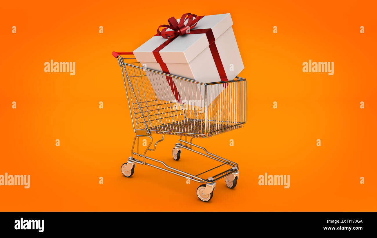 Shopping cart and gift box. Gift box concept. 3D rendering Stock Photo ...