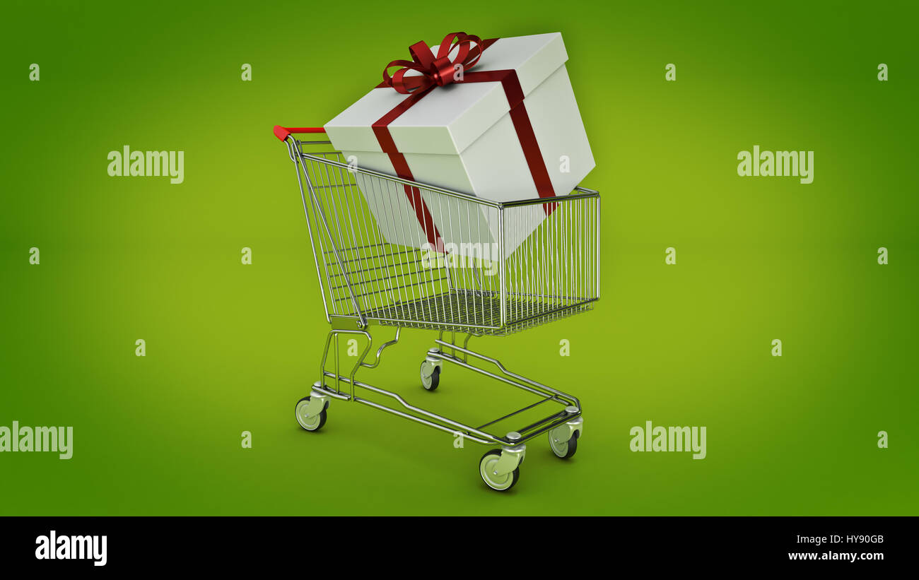 Shopping cart and gift box. Gift box concept. 3D rendering Stock Photo ...