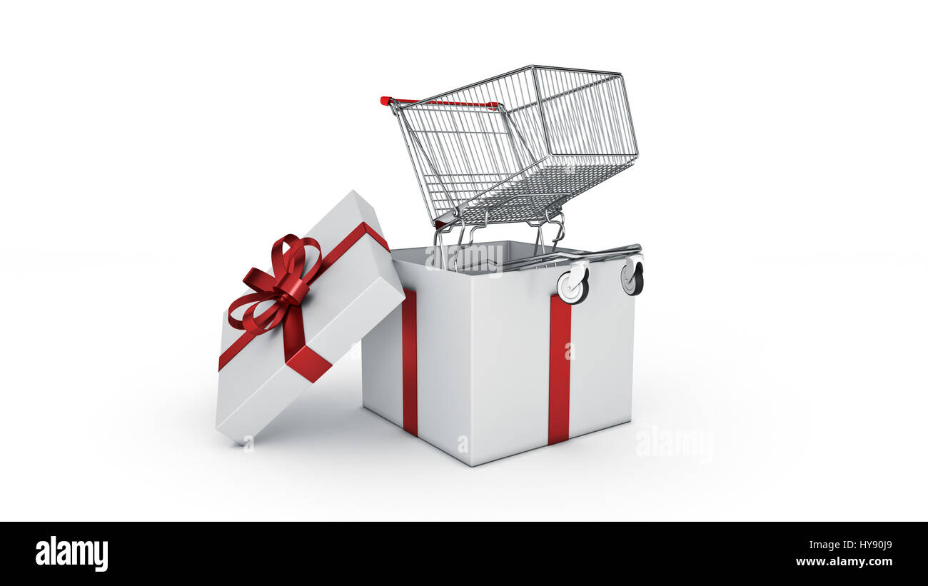 shopping cart . Gift box concept. 3D rendering Stock Photo - Alamy