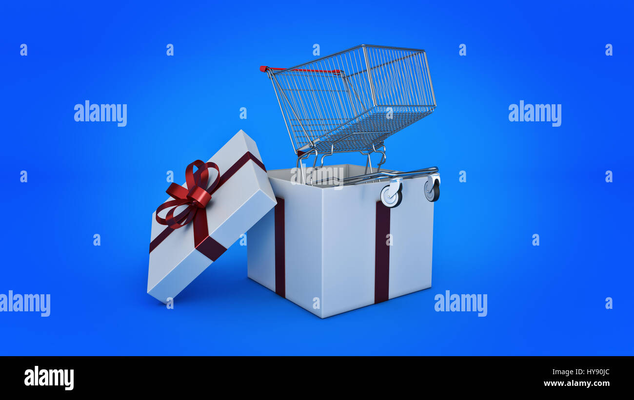 shopping cart . Gift box concept. 3D rendering Stock Photo - Alamy