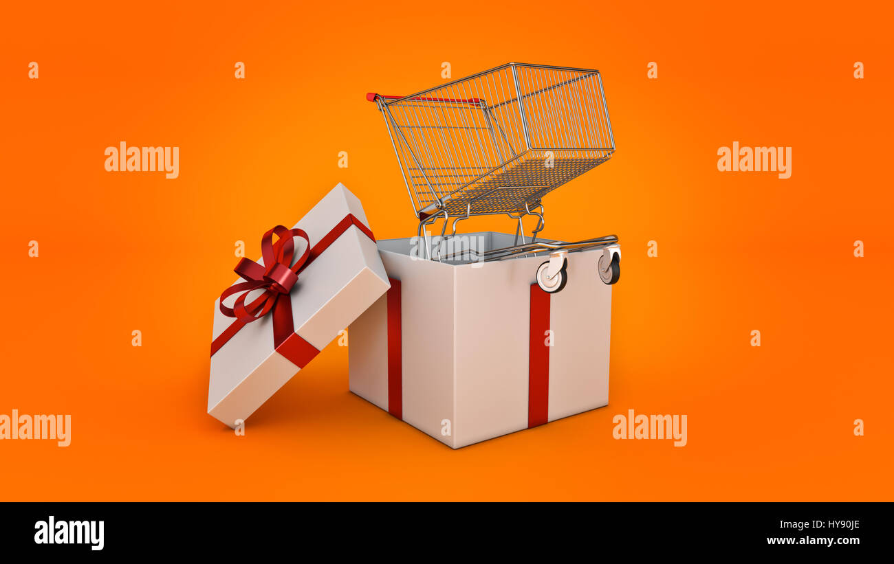 shopping cart . Gift box concept. 3D rendering Stock Photo - Alamy