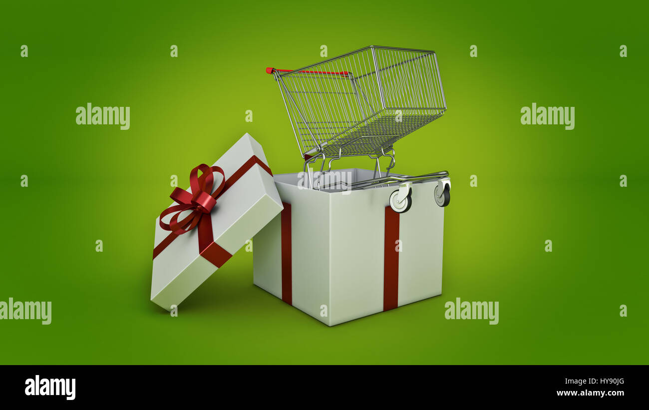 shopping cart . Gift box concept. 3D rendering Stock Photo - Alamy