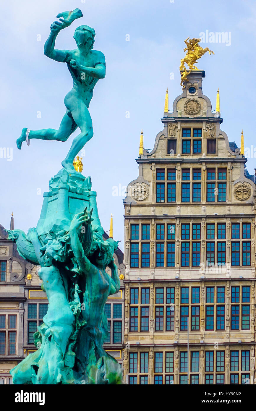 Close up Barbo fountain and guild houses at Grote Markt square in Antwerp, Belgium Stock Photo