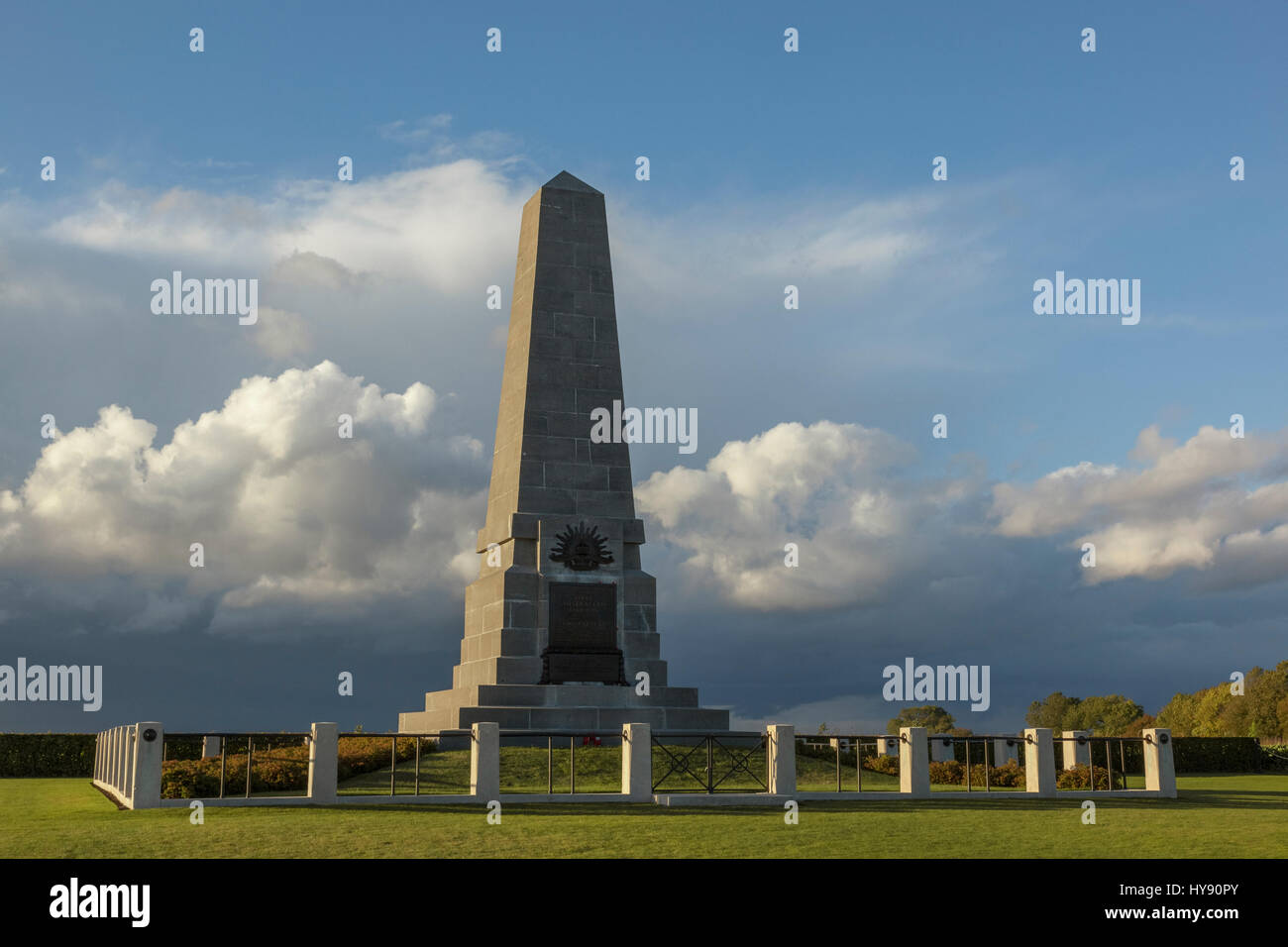 The First Australian Division Memorial – Pozières, France. The Australian Imperial Force had 7,700 casualties in a 4 day period at this location. Stock Photo