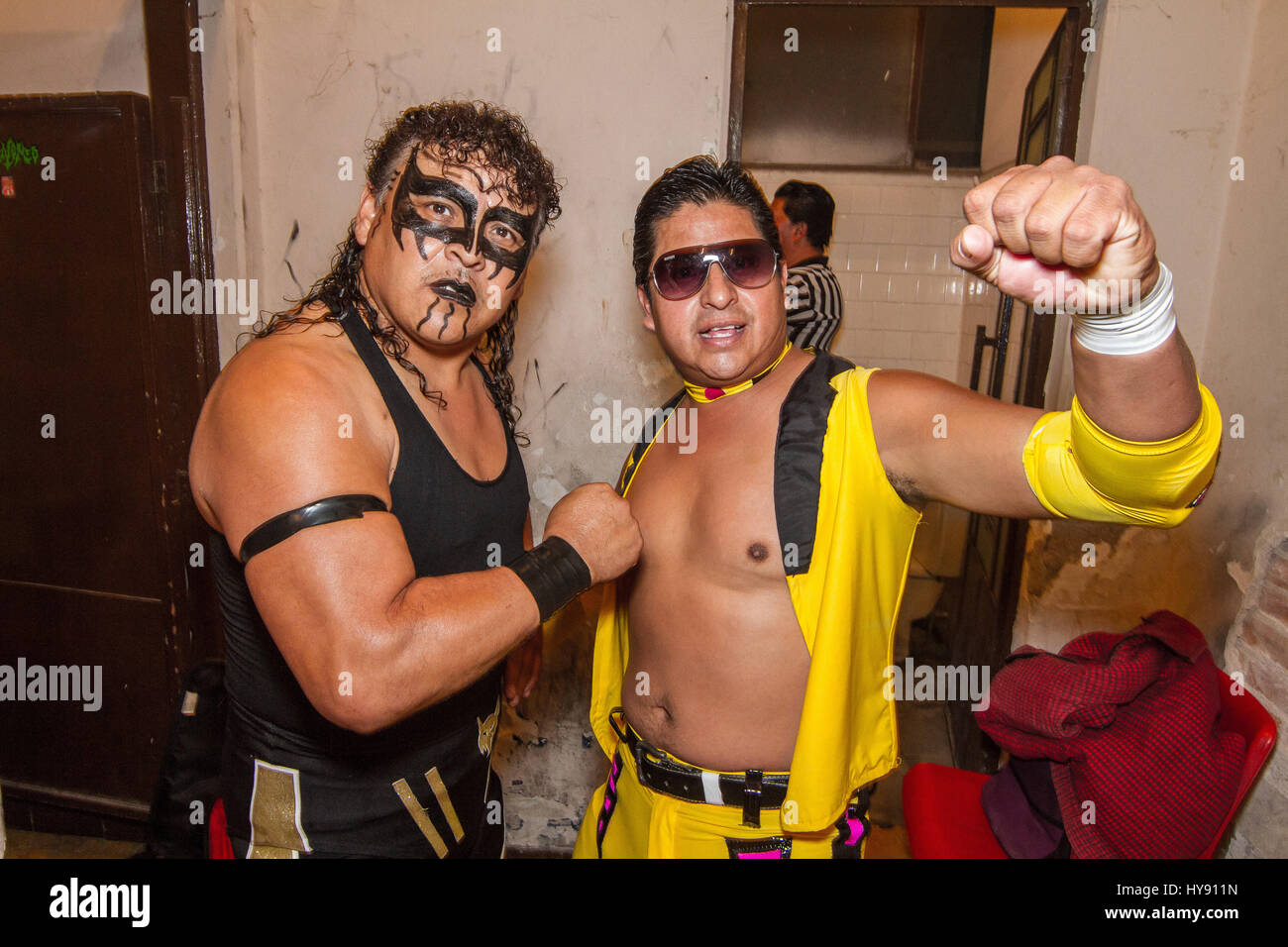 Free Wrestling in Mexico is huge, this 'sport' or 'spectacle' gets to all kink of people and eages. Wrestelers become anonymous heros behind their Stock Photo