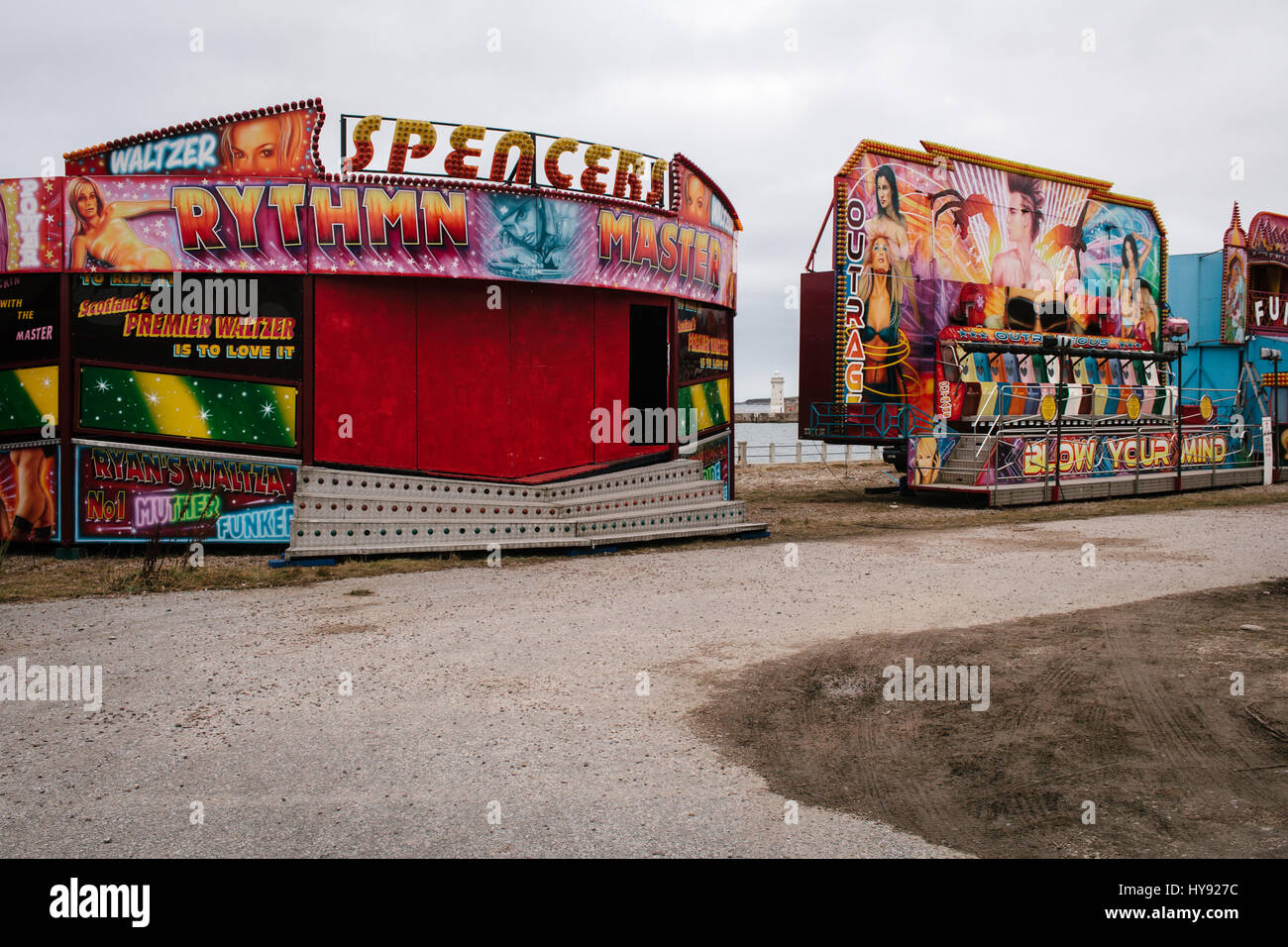 Waltzer ride at the travelling funfair in the North Sea fishing port of Buckie, Scotland. Stock Photo