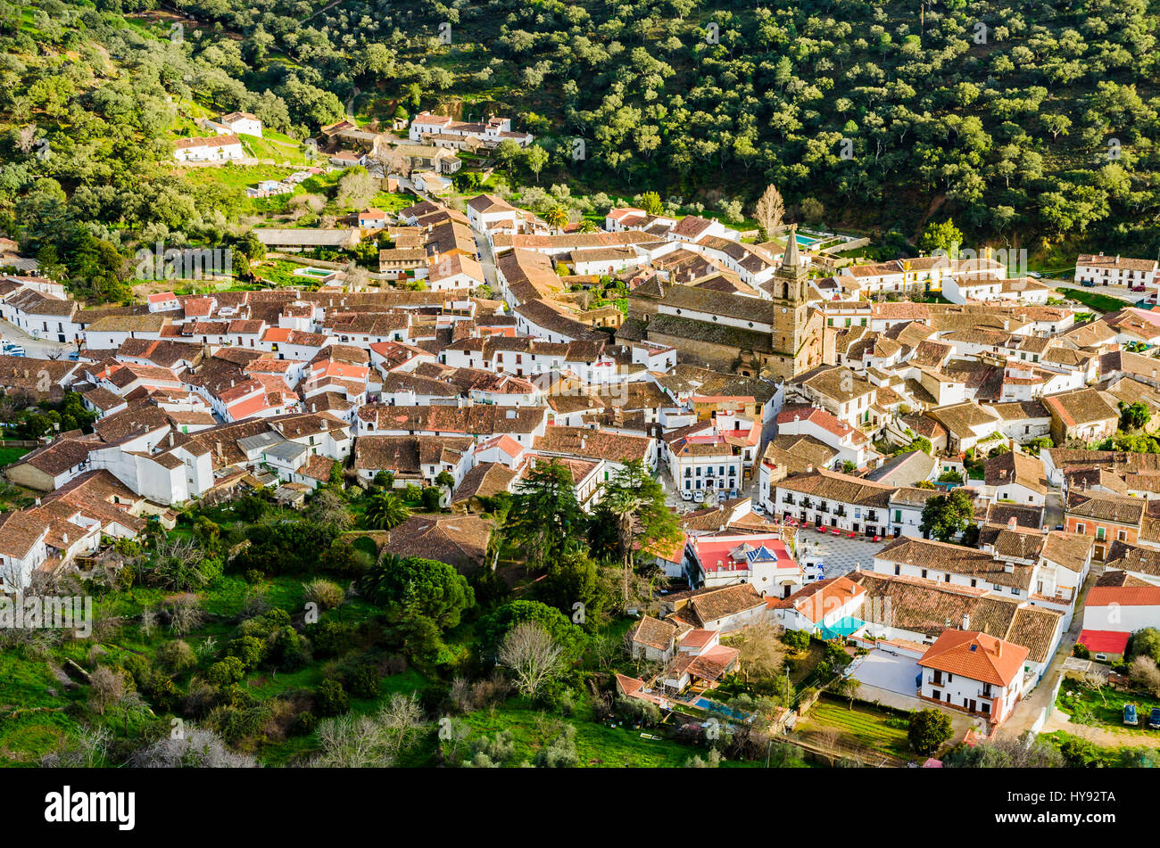 The village of Alájar seen from above. Alájar, Huelva, Andalusia, Spain, Europe Stock Photo