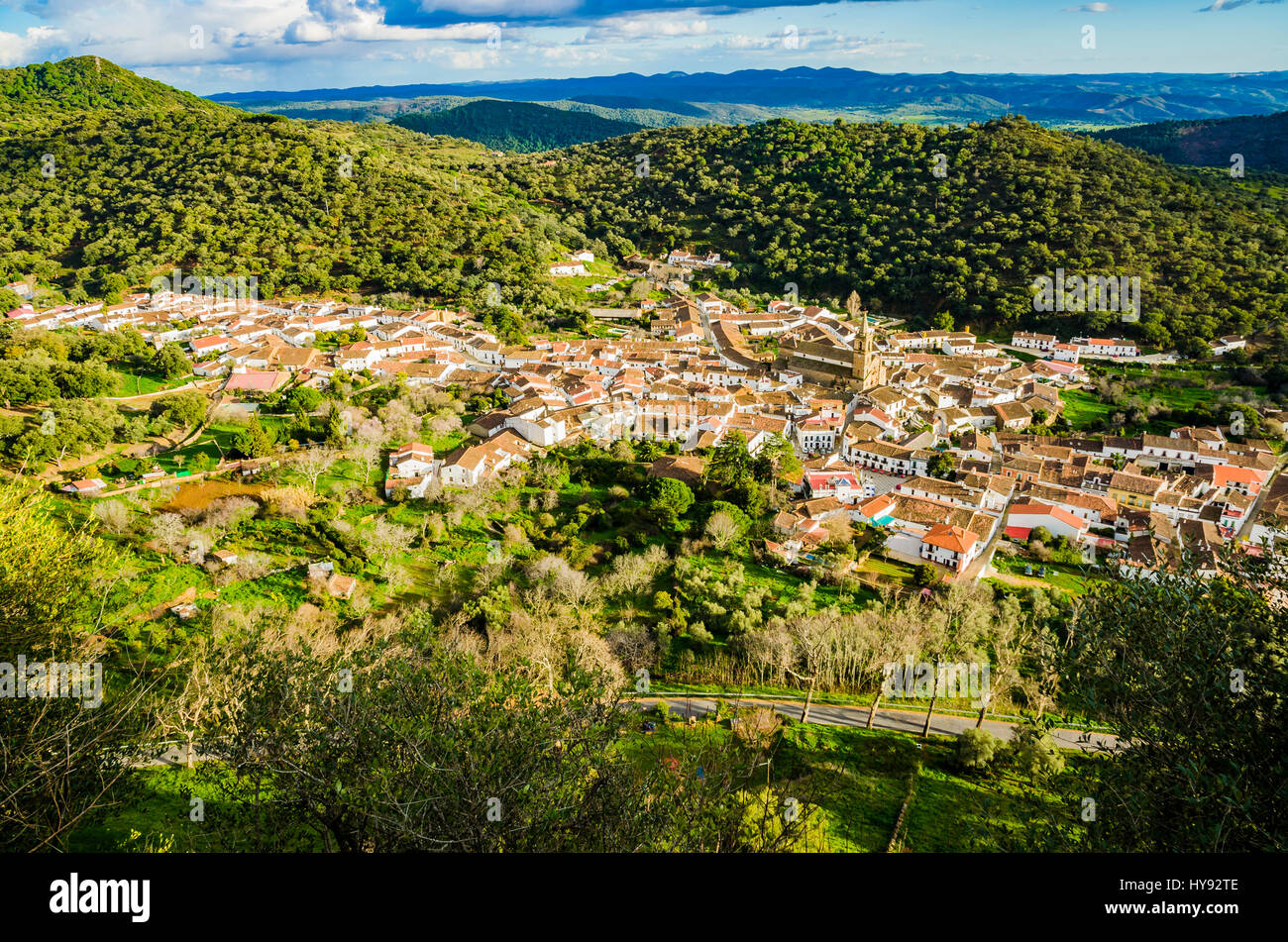 The village of Alájar seen from above. Alájar, Huelva, Andalusia, Spain, Europe Stock Photo