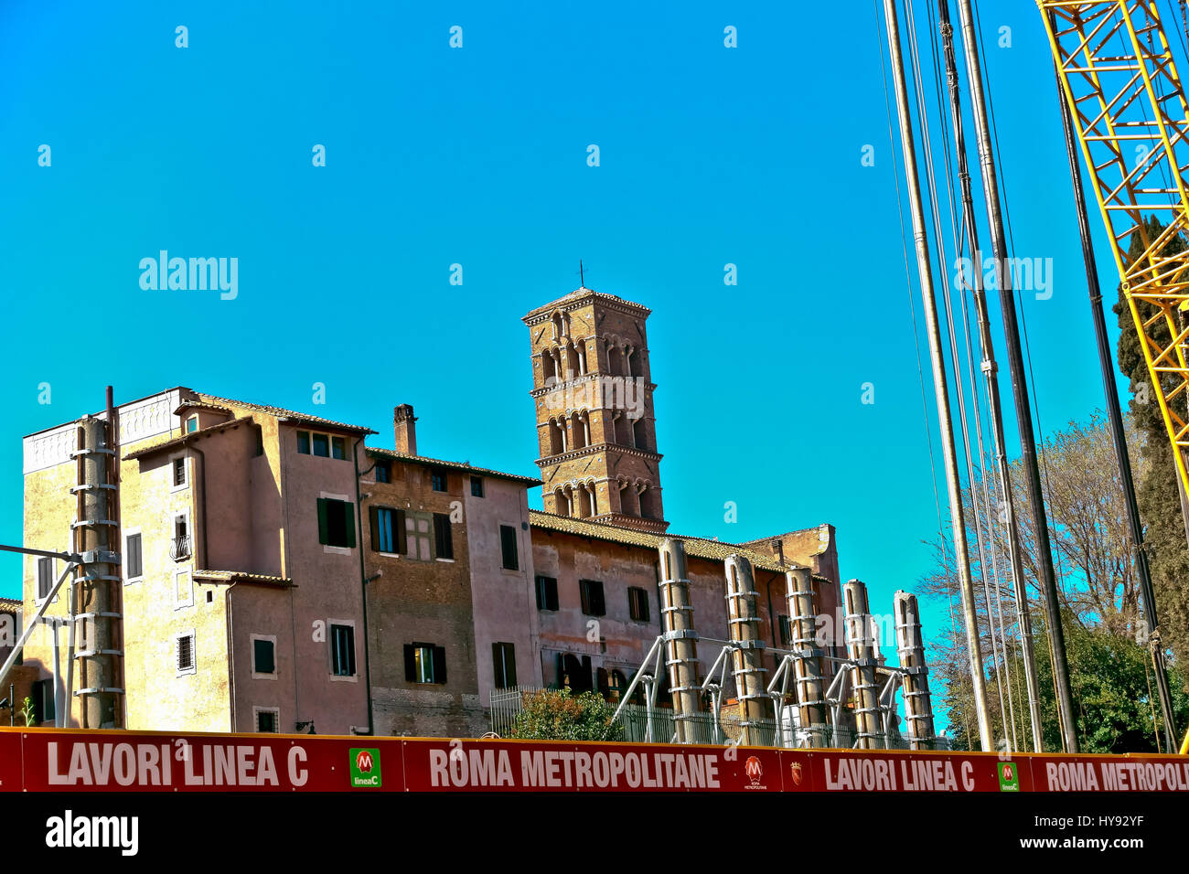 Construction site for C Line, the new third underground, subway line, rotecting the historic centre around the Roman Forum and Colosseum. Rome, Italy Stock Photo