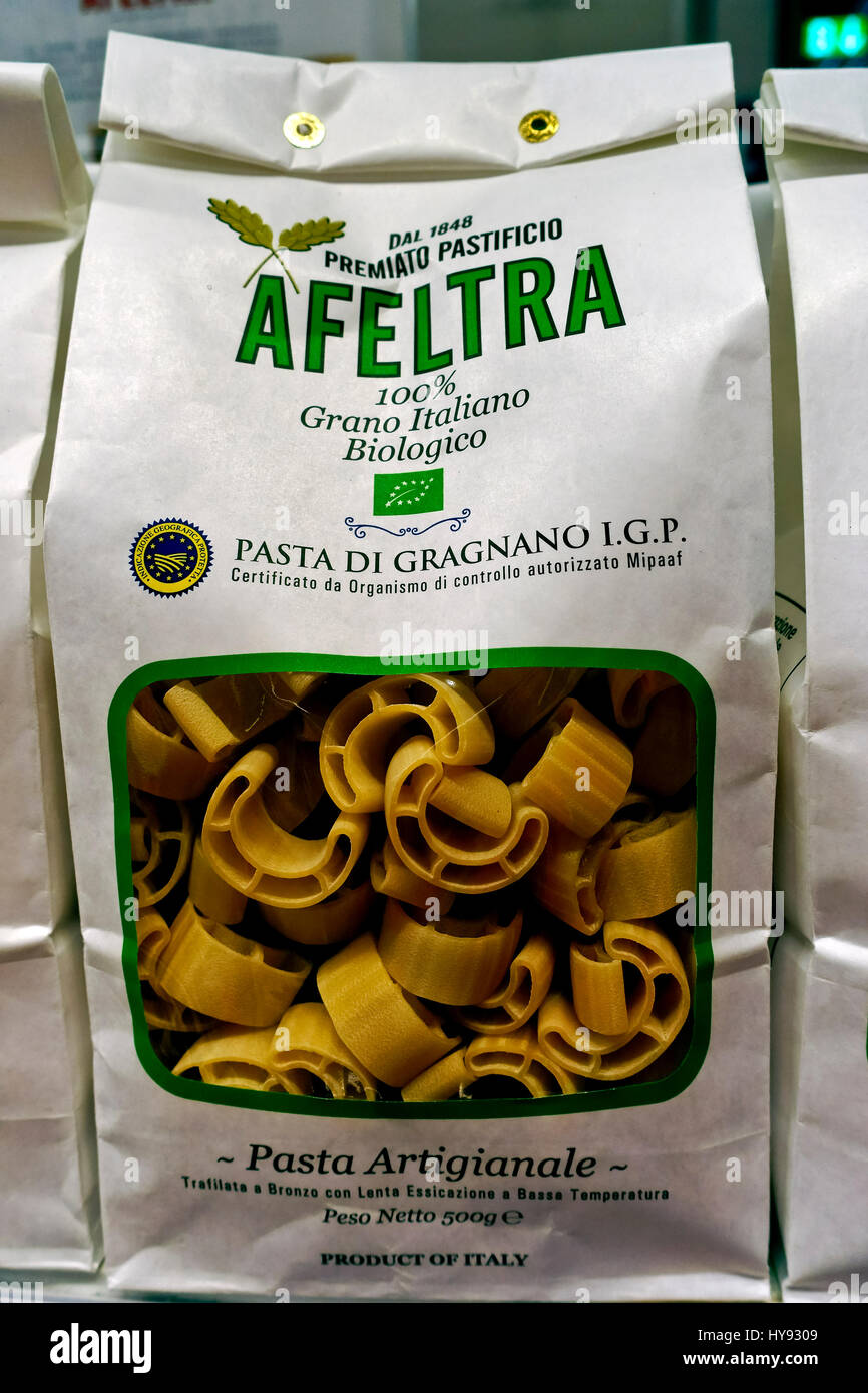 Gragnano dried pasta displayed for sale at Eataly food market mall. Pasta box. Rome, Italy, Europe, European Union, EU. Stock Photo