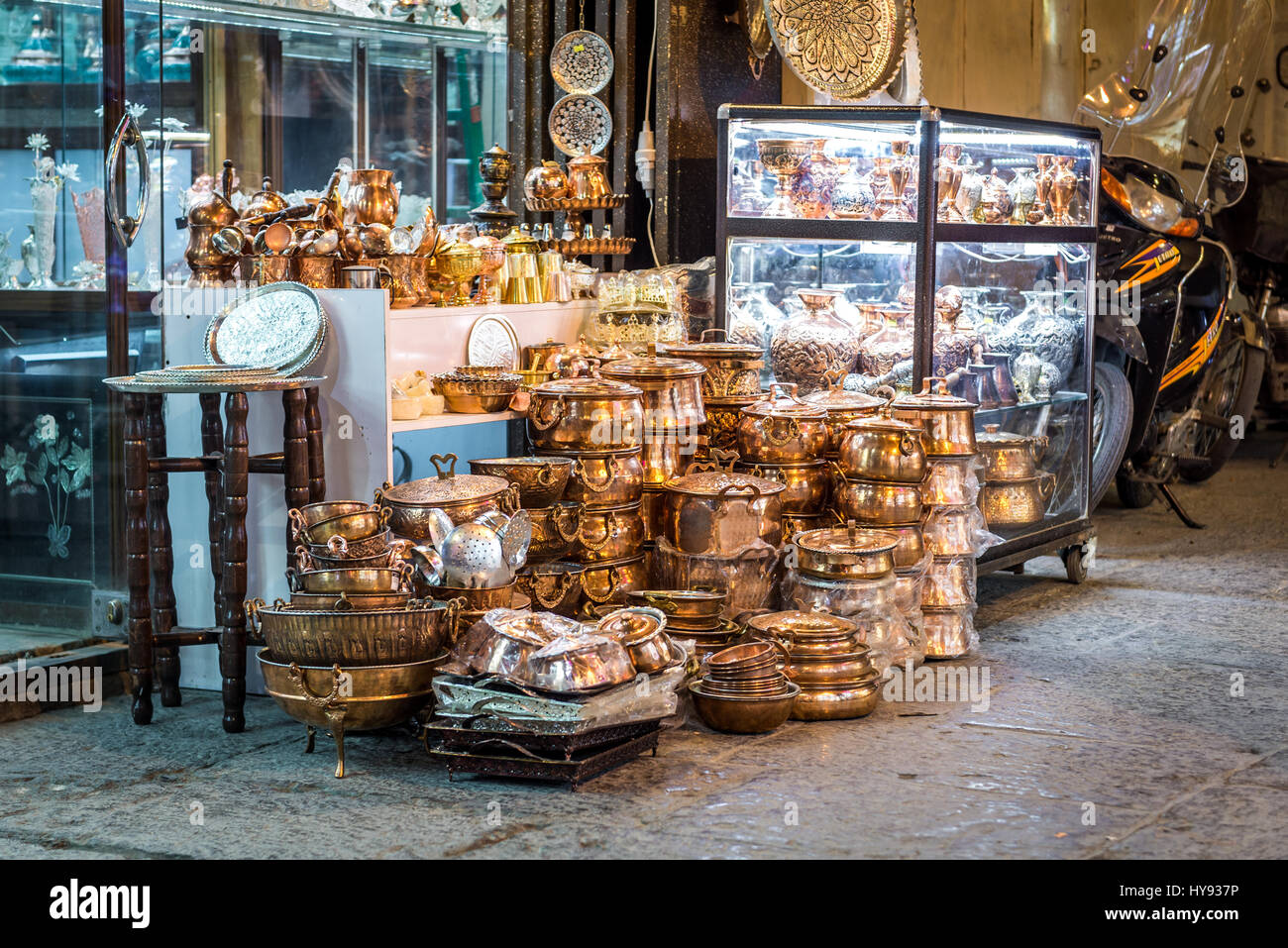 Copper dishes for sale on Bazaar of Isfahan next to Naqshe Jahan