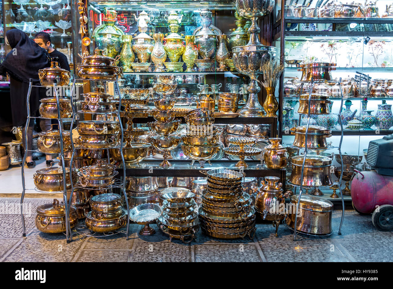 Copper dishes for sale on Bazaar of Isfahan next to Naqshe Jahan