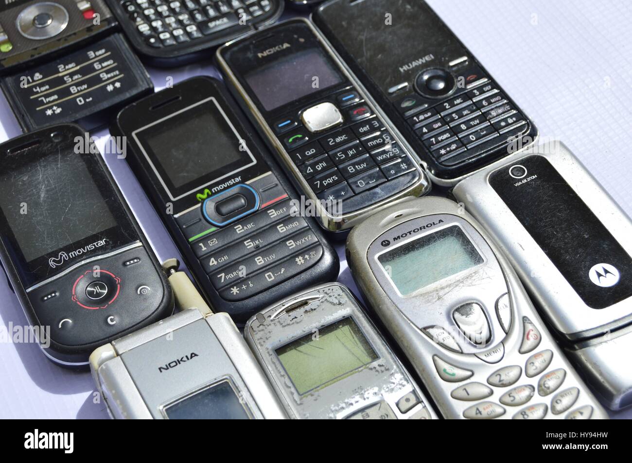 Group of old cell phones. Stock Photo