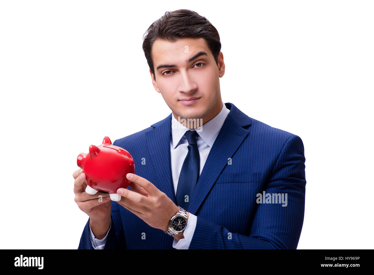 Handsome man with piggybank isolated on white Stock Photo - Alamy