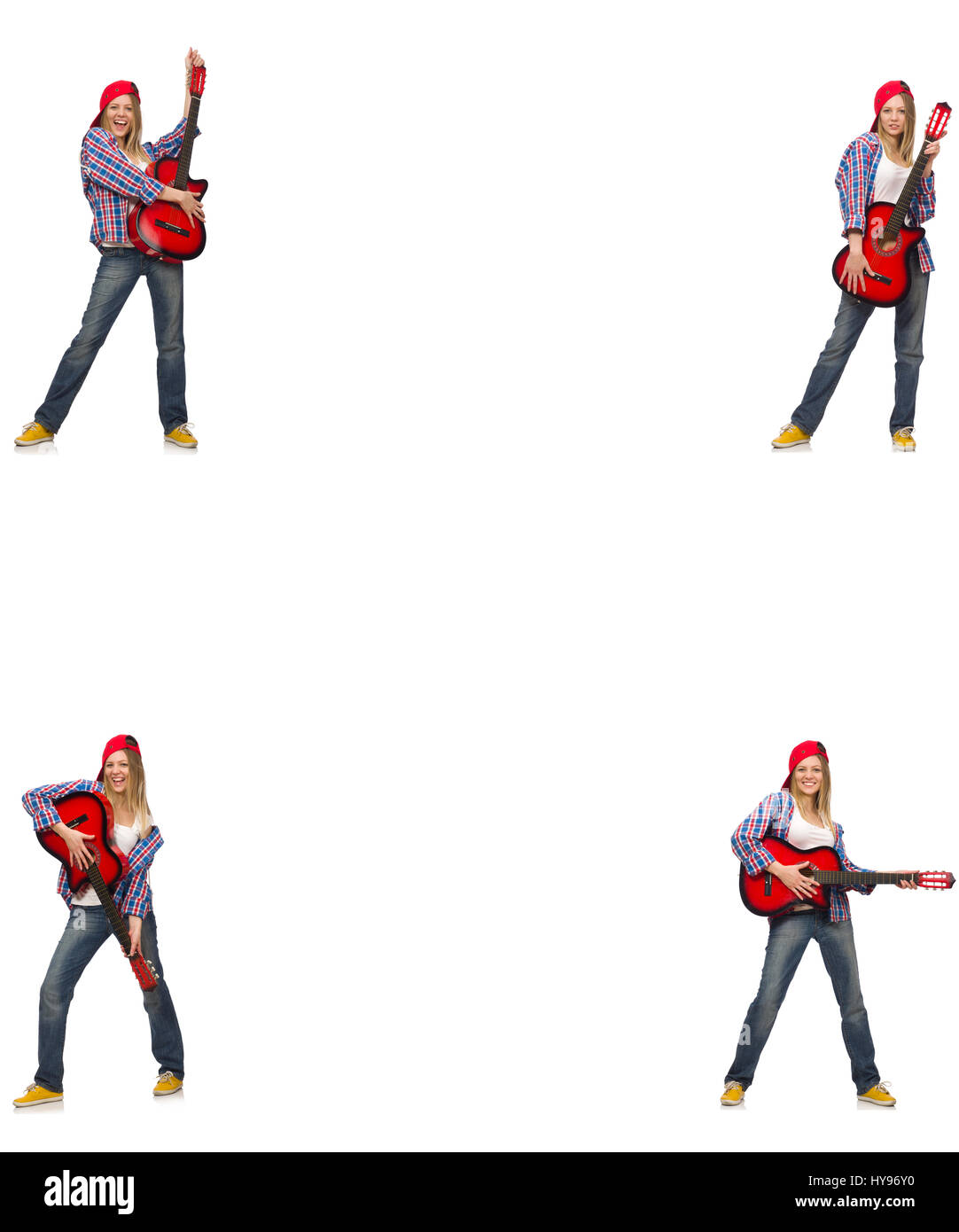 Hipster guitar player isolated on white Stock Photo