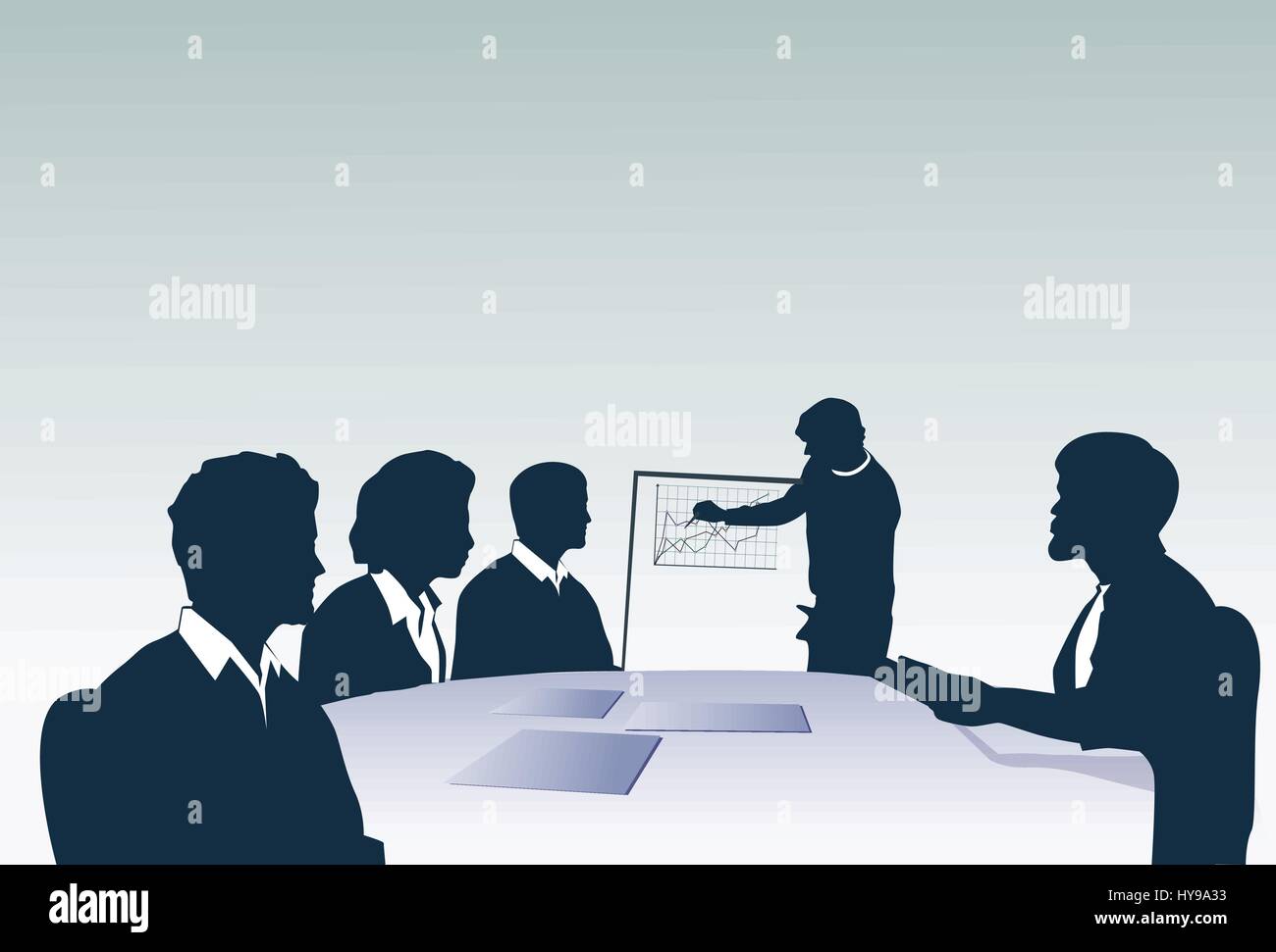 Silhouette Business People Team With Flip Chart Seminar Training Conference Brainstorming Presentation Stock Vector