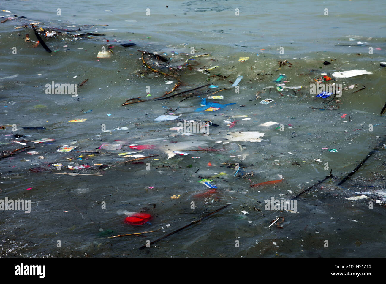 Plastic pollution in sea water Stock Photo