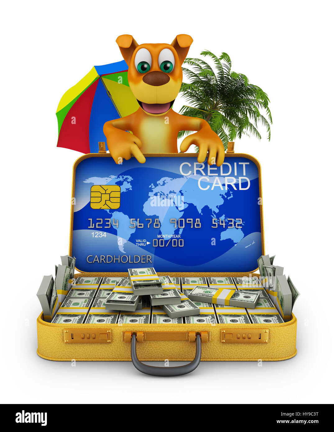 The dog is pointing at a suitcase with dollars and a credit card. 3d rendering. Stock Photo