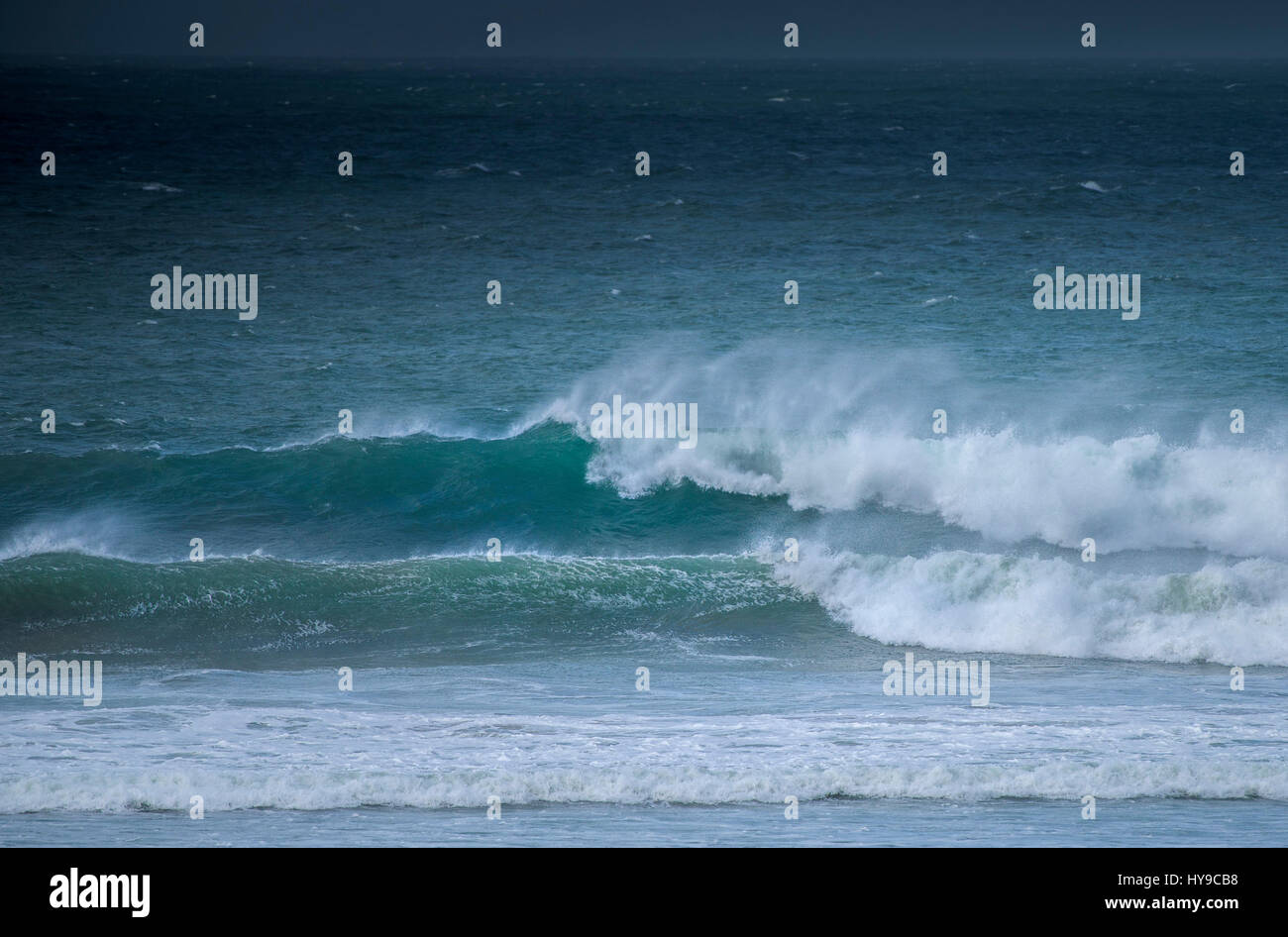 Fistral UK weather Waves Sea Spray Wind Windy Surf Nature Wild Seaside Power Atmospheric Cornwall Stock Photo