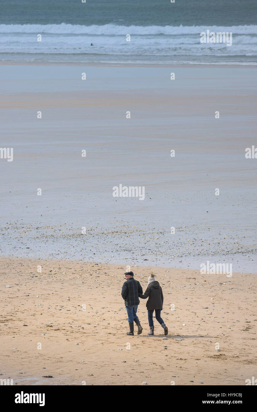 Couple People Walking Beach Shore Seaside Sea Waves Surf Coast Coastal Exercise Exercising Fistral Cornwall Stock Photo