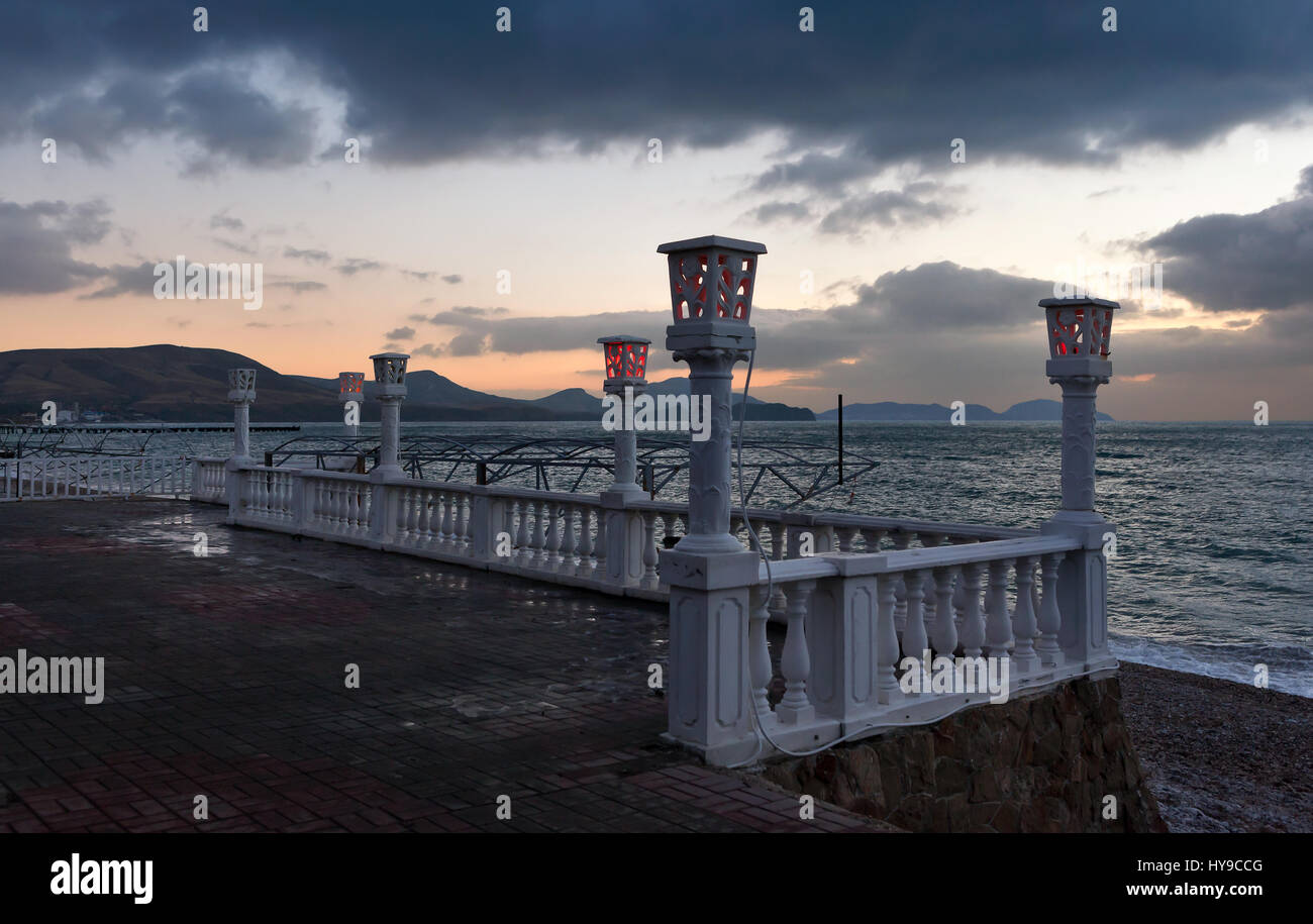 Lonely winter beach of Koktebel before dawn, Crimea Stock Photo