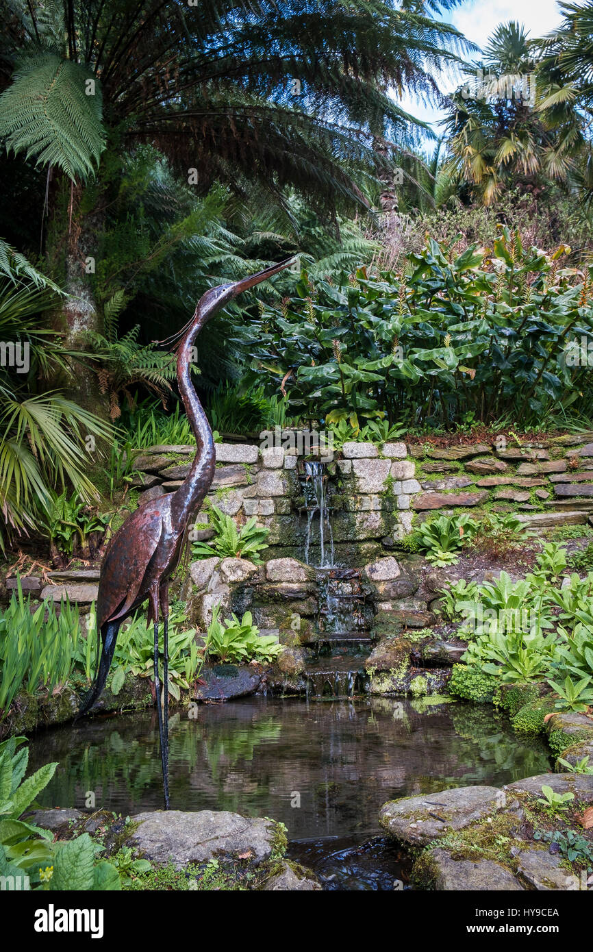 Trebah Water Garden Heron Sculpture Sub-Tropical Stream Cascade Tourism Attraction Pretty Picturesque Plants Colourful Colorful Cornwall Stock Photo