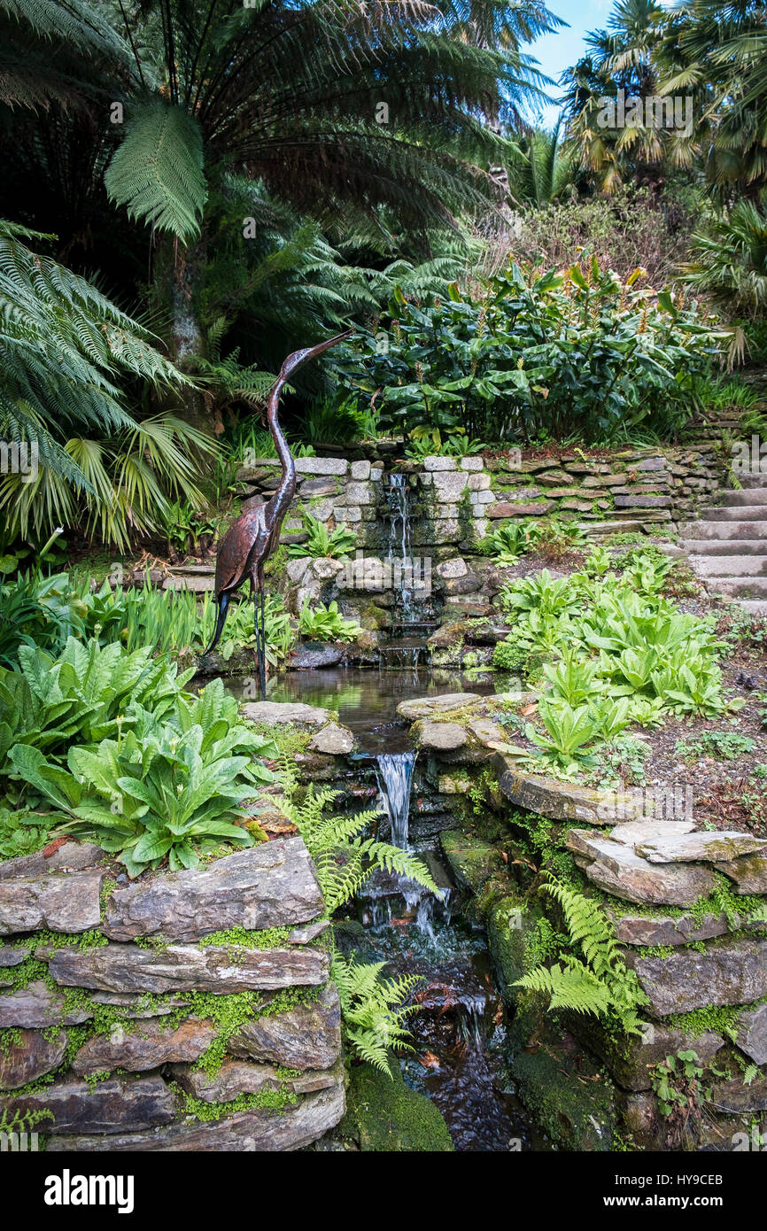 Trebah Water Garden Heron Sculpture Sub-Tropical Stream Cascade Tourism Attraction Pretty Picturesque Plants Colourful Colorful Cornwall Stock Photo