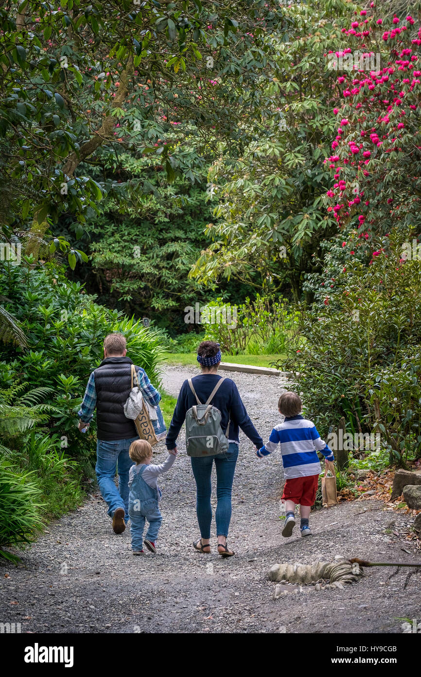 Trebah Garden Family Parents Children Toddlers Tourists Holidaymakers Visitors Sub-Tropical Tourism Attraction Pretty Picturesque Plants Path Activity Stock Photo