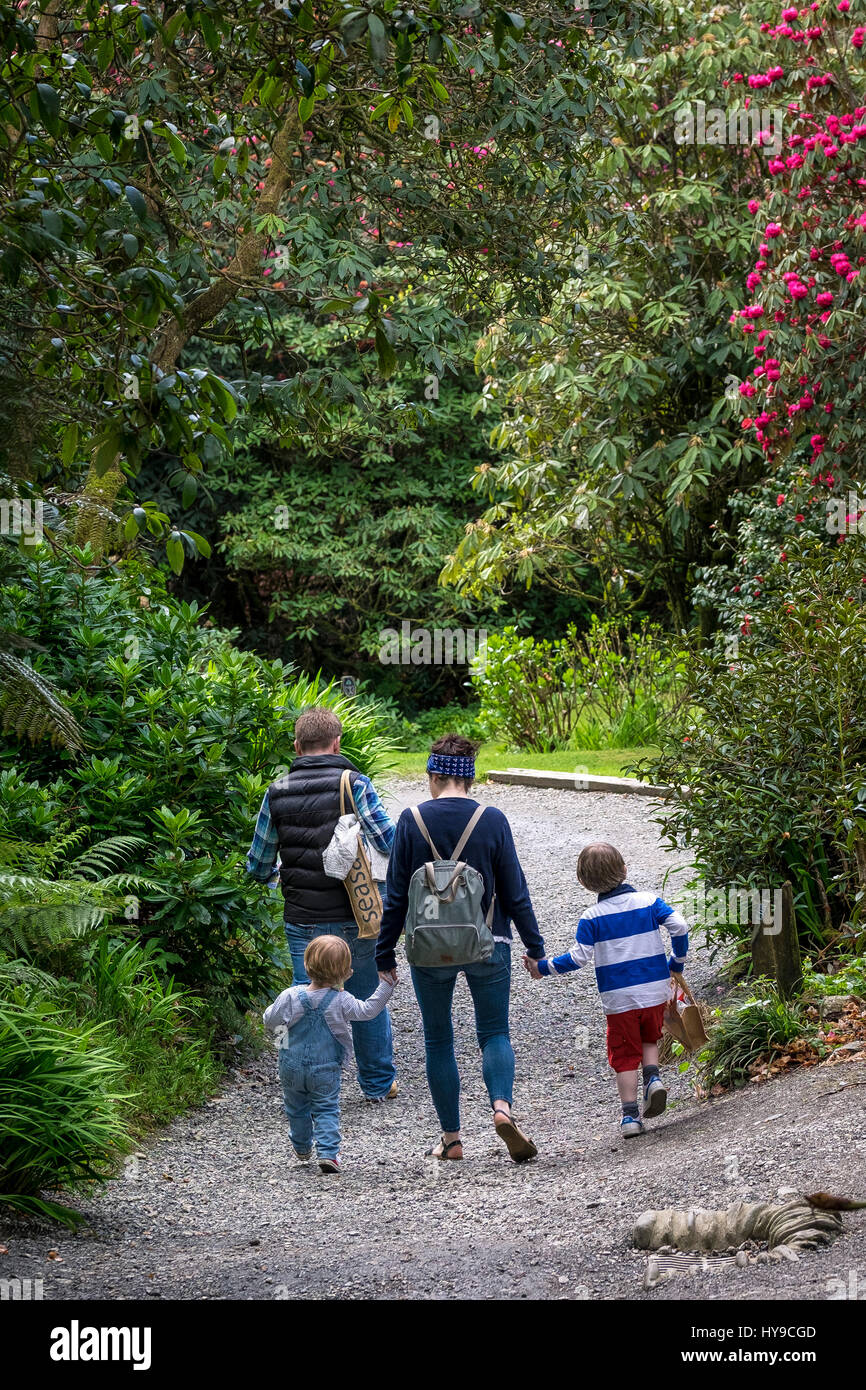 Trebah Garden Family Parents Children Toddlers Sub-Tropical Tourism Tourists Holidaymakers Visitors Attraction Pretty Picturesque Plants Path Activity Stock Photo