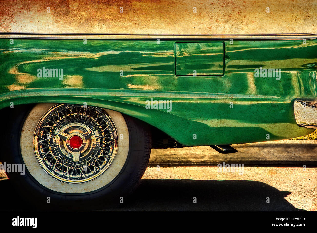 The rear end of a classic American car in southern California. Stock Photo