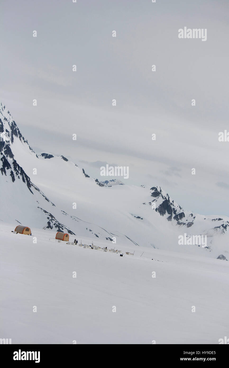 A camp set up on a glacier for dog-sledding tours near Seward, Alaska. Stock Photo