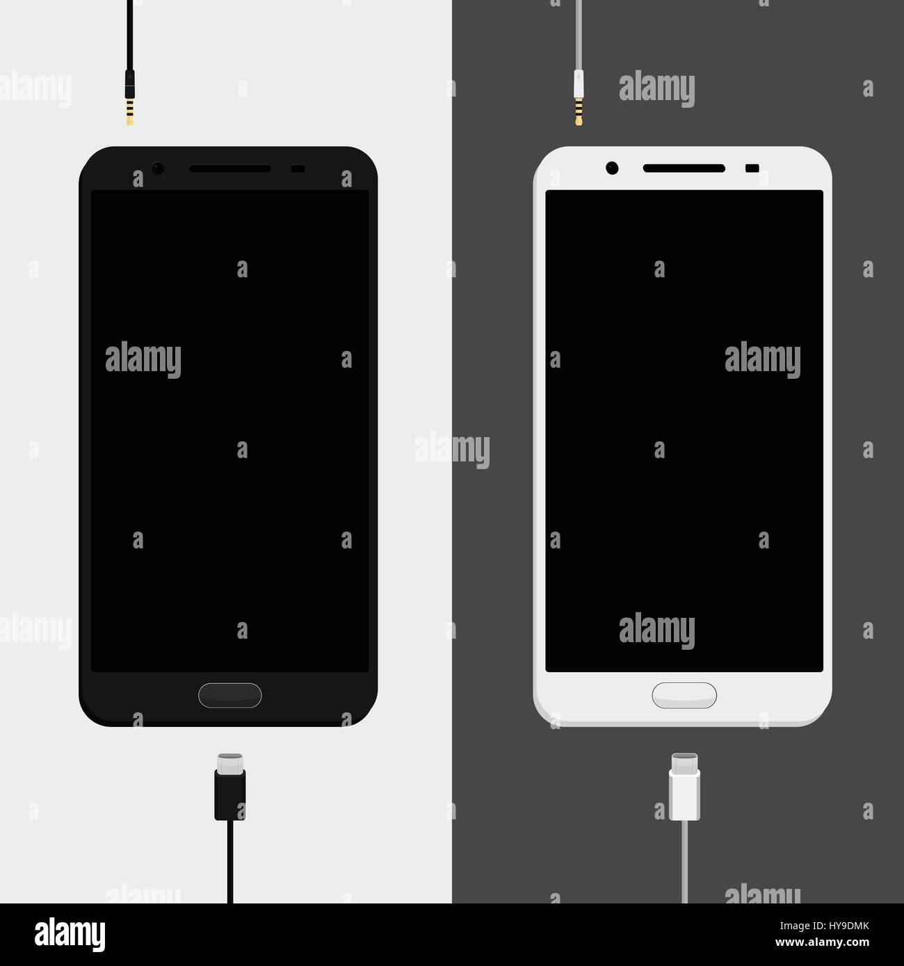 Two smartphones mockups, black and white versions with charge cables ...