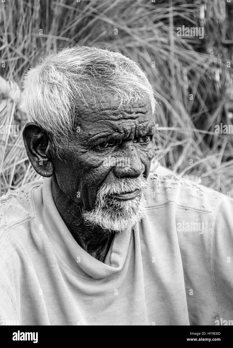 Close up  of tribal old man with white hair and beard with copy space Stock Photo