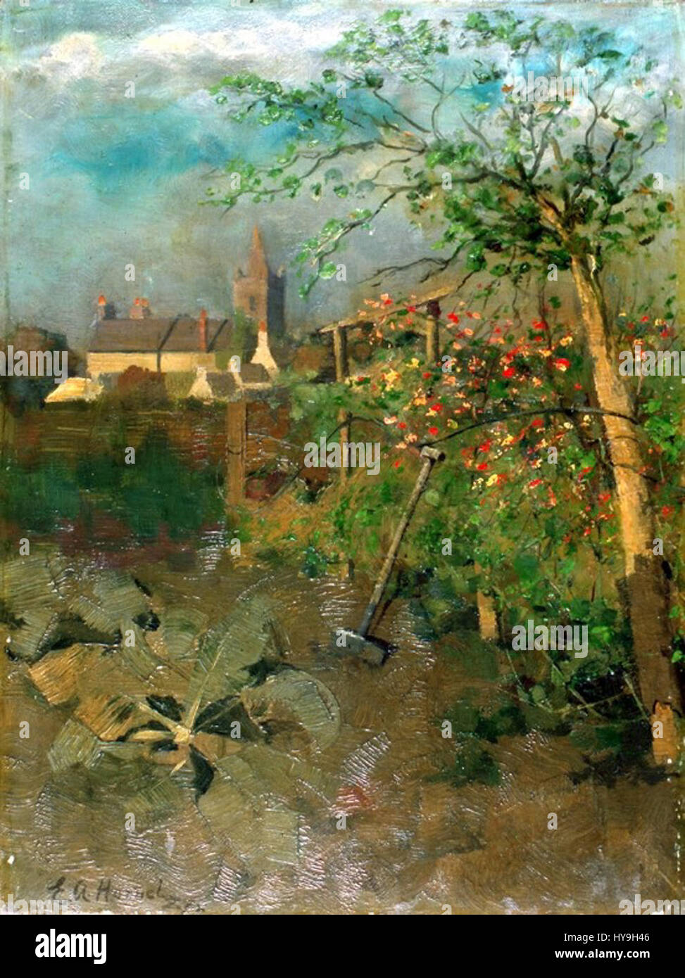 Edward Atkinson Hornel’s painting 'Mine Own Back Garden' (1887) exemplifies his mastery of capturing serene landscapes. The artwork depicts a lush garden in Scotland, with rich, vibrant colors and a focus on natural beauty, showcasing Hornel's detailed approach to capturing nature. Stock Photo
