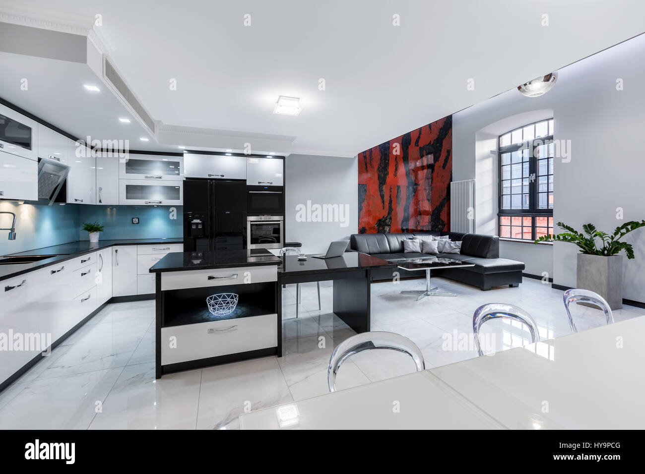 Modern White Apartment With Open Kitchen And Living Room Stock Photo Alamy