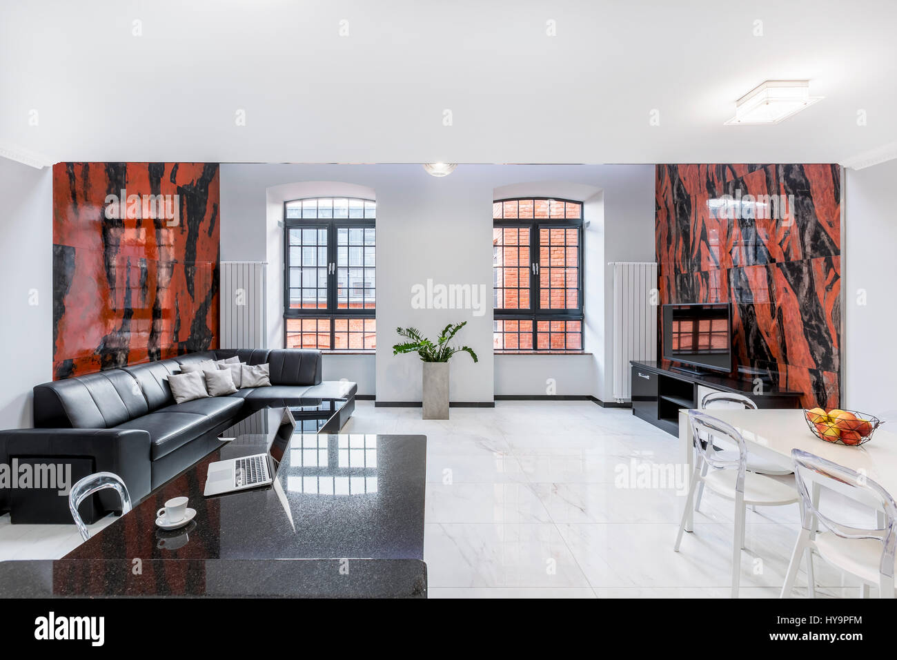 Image showcasing Luxury, white loft apartment with sofa, table, window, gloss floor and ...