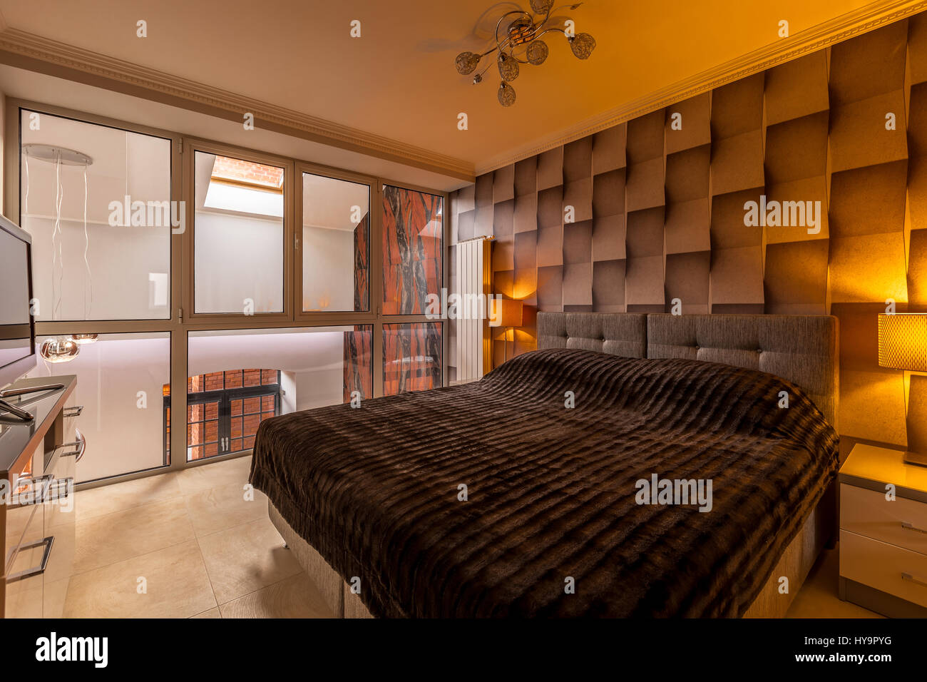 Warm Brown Bedroom With 3d Wallpaper Window And Double Bed