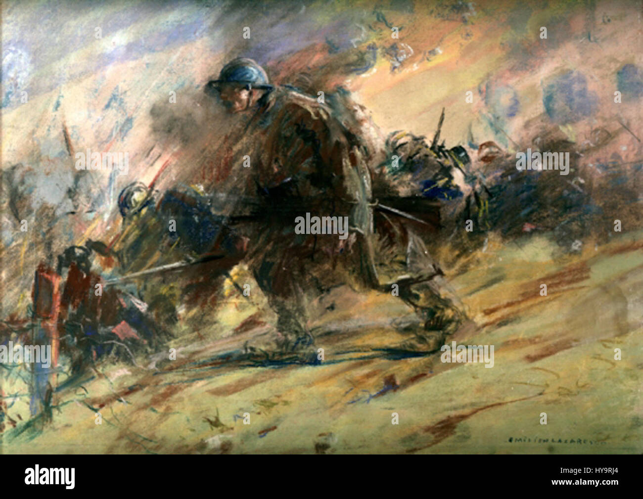 'Ajunsi in prima linie de foc' by Emilian Lazarescu portrays a dramatic moment of soldiers at the frontline of battle. Known for his war-themed works, Lazarescu's painting captures the tension and bravery of soldiers in combat. Stock Photo
