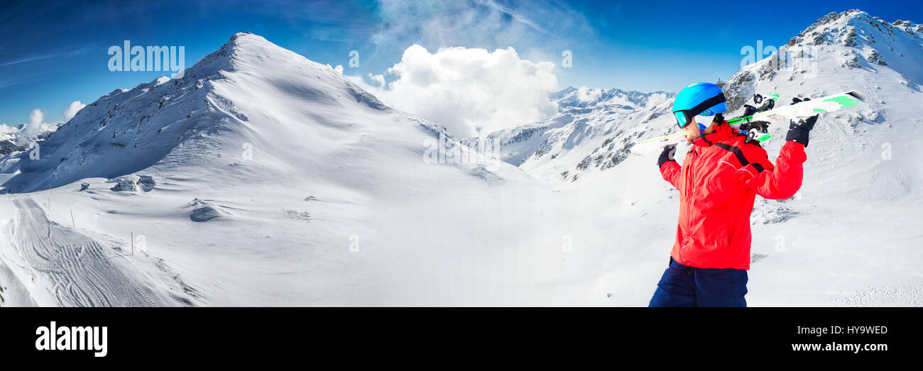 Man enjoying the stunning view before skiing in famous ski resort in Tyrolian Alps, Zillertal, Austria Stock Photo