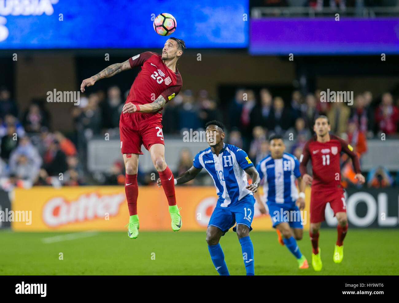 San Jose, CA. 24th Mar, 2017. US defender Geoff Cameron (20) in action during the FIFA World Cup Qualifying game between the United States and Honduras at Avaya Stadium in San Jose, CA. The US defeated Honduras 6-0. Damon Tarver/Cal Sport Media/Alamy Live News Stock Photo