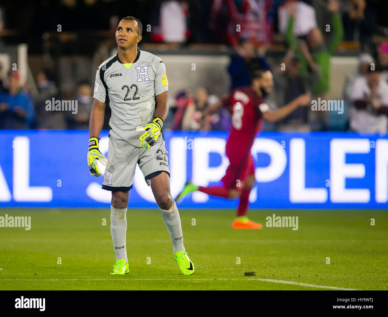 San Jose, CA. 24th Mar, 2017. Honduras National Team goal keeper Donis Escober (22) reacts to giving up a goal to US forward Clint Dempsey (8) during the FIFA World Cup Qualifying game between the United States and Honduras at Avaya Stadium in San Jose, CA. The US defeated Honduras 6-0. Damon Tarver/Cal Sport Media/Alamy Live News Stock Photo