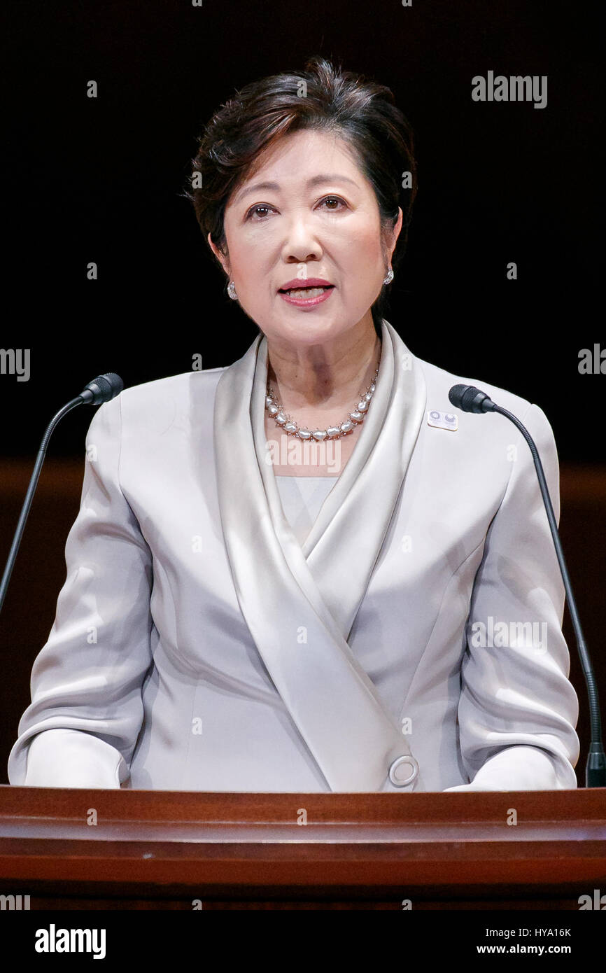 Tokyo Governor Yuriko Koike speaks during the entrance ceremony for new Metropolitan Government employees on April 3, 2017, Tokyo, Japan. Tokyo Metropolitan Government hired some 2,263 new employees this year, 208 more than last year. Credit: Rodrigo Reyes Marin/AFLO/Alamy Live News Stock Photo
