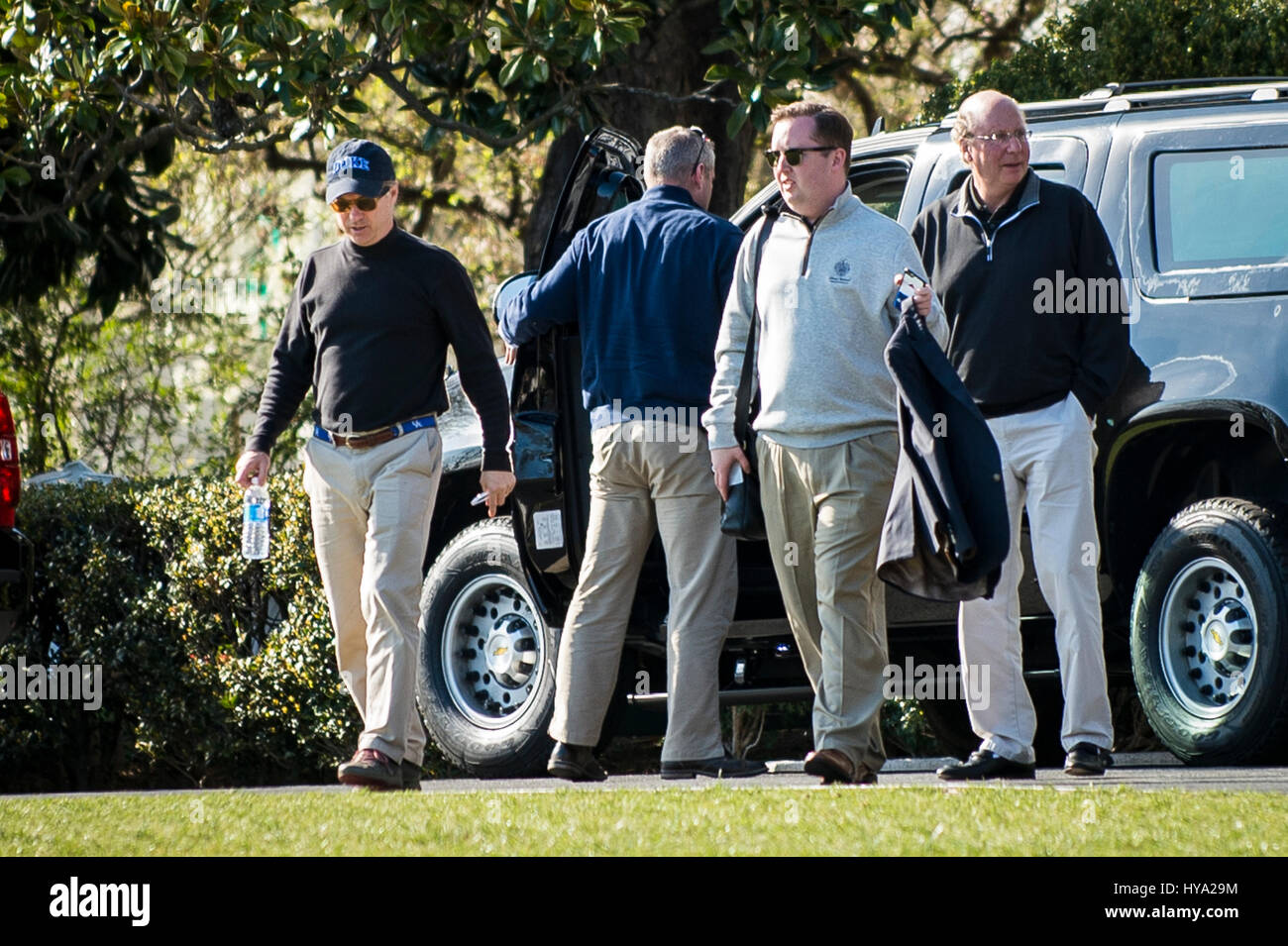 Washington, USA. 2nd Apr, 2017. United States Senator Rand Paul (Republican of Kentucky), left, prepares to leave after returning to the White House from a round of golf with President Trump at his golf course, Trump National in Virginia on April 2, 2017 in Washington, DC. A White House spokesperson said they discussed a variety of topics, including healthcare. Credit: MediaPunch Inc/Alamy Live News Stock Photo