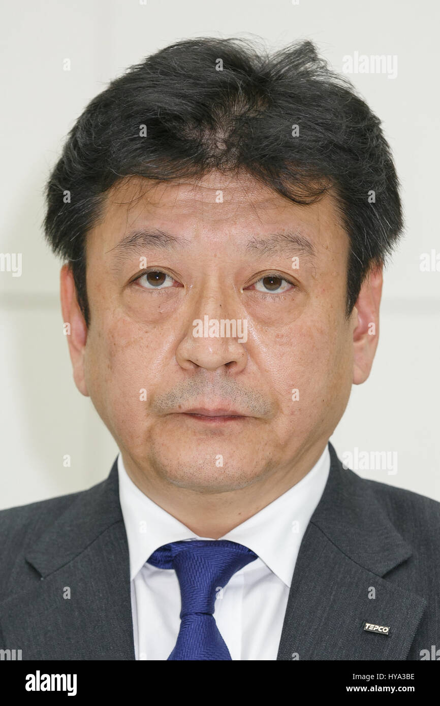 Tokyo Electric Power Co (TEPCO) Holdings new president Tomoaki Kobayakawa, attends a news conference at TEPCO's headquarters on April 3, 2017, Tokyo, Japan. The new leadership is expected to continue reforms at the company still struggling to handle the nuclear disaster in Fukushima that occurred six years ago. Credit: Rodrigo Reyes Marin/AFLO/Alamy Live News Stock Photo