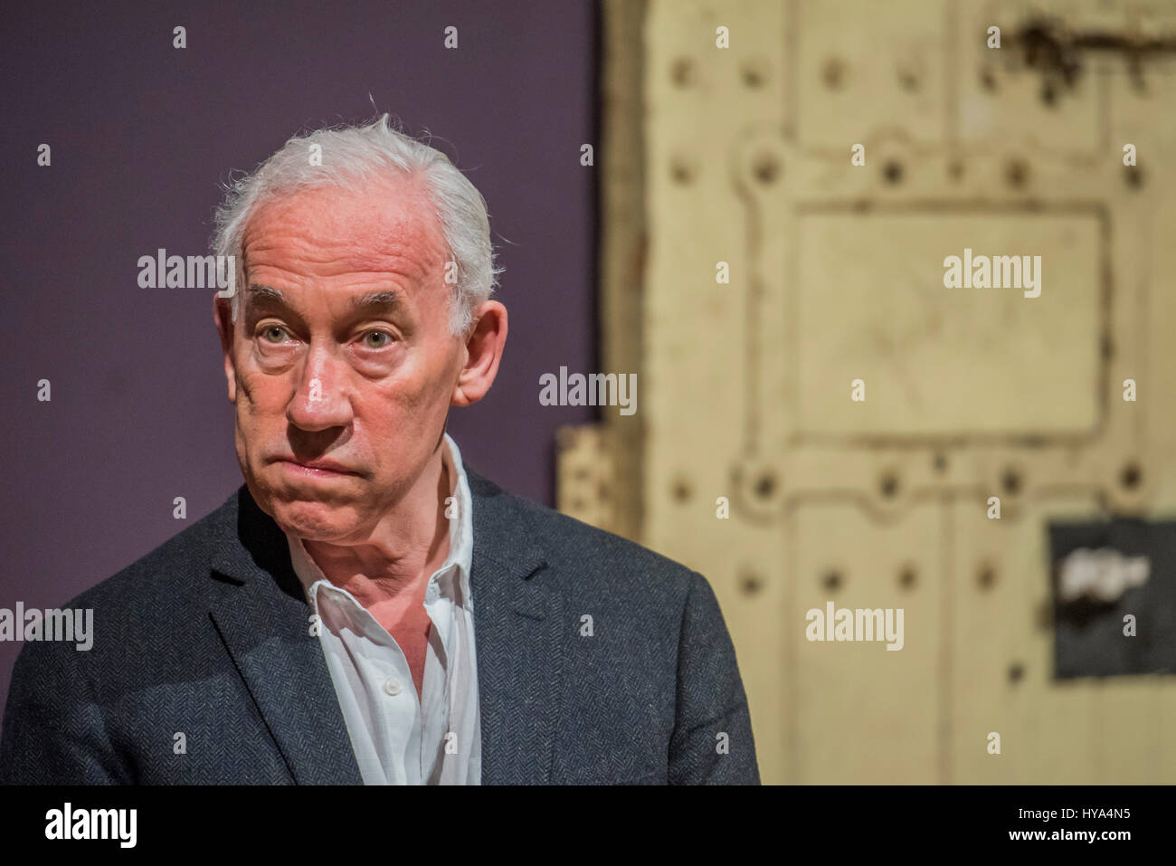 London, UK. 3rd Apr, 2017. Simon Callow with the door of Oscar Wilde's prison cell (no. C.3.3) at Reading jail - Queer British Art 1861-1967 a new exhibition at Tate Britain marks the 50th anniversary of partial decriminalisation of male homosexuality in England and Wales. Spanning the playful to the political, the explicit to the domestic, Queer British Art 1861-1967 showcases the rich diversity of queer visual art and its role in society. Credit: Guy Bell/Alamy Live News Stock Photo